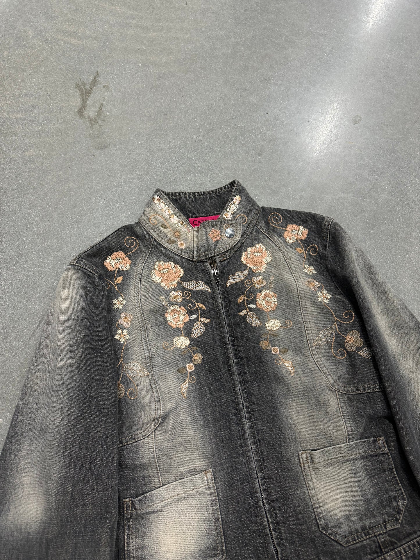 Vintage Y2K Embroidered Rose Denim Racer Jacket [S]