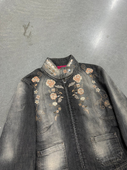 Vintage Y2K Embroidered Rose Denim Racer Jacket [S]