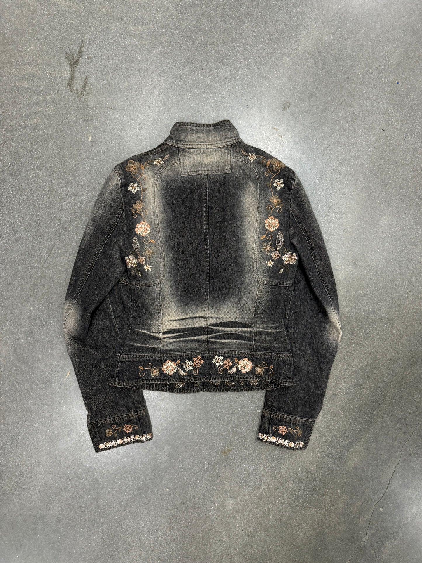 Vintage Y2K Embroidered Rose Denim Racer Jacket [S]