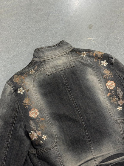 Vintage Y2K Embroidered Rose Denim Racer Jacket [S]