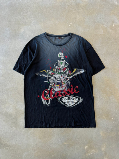 Y2K Vintage Faded Ed Hardy Bedazzled Skull Motorcycle T-Shirt [XXL]