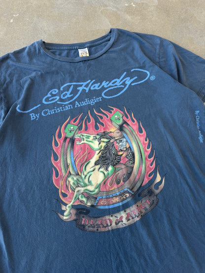 Vintage 2000s Ed Hardy by Christian Audigier Flaming Horse Skull T-Shirt [XL]