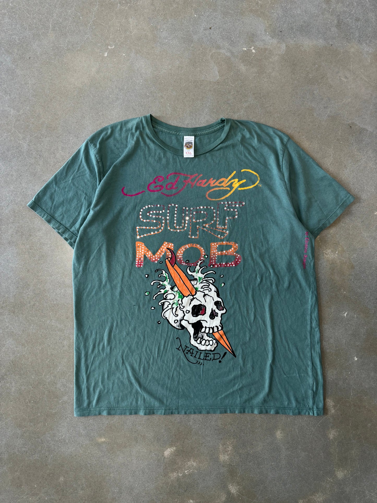 Vintage 2000s Ed Hardy by Christian Audigier Bedazzled Surfing Skull Surf Mob T-Shirt [XXL]