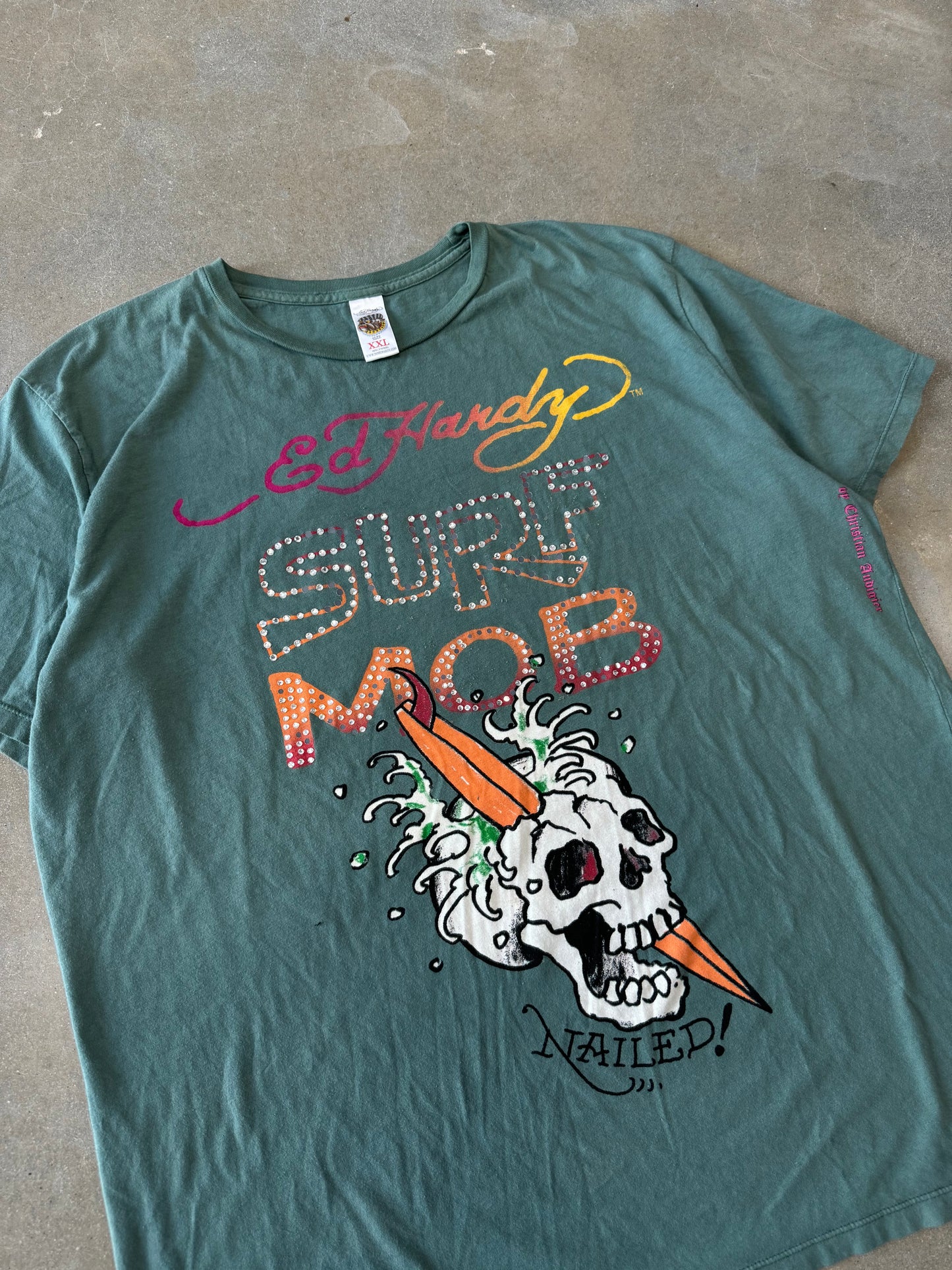 Vintage 2000s Ed Hardy by Christian Audigier Bedazzled Surfing Skull Surf Mob T-Shirt [XXL]