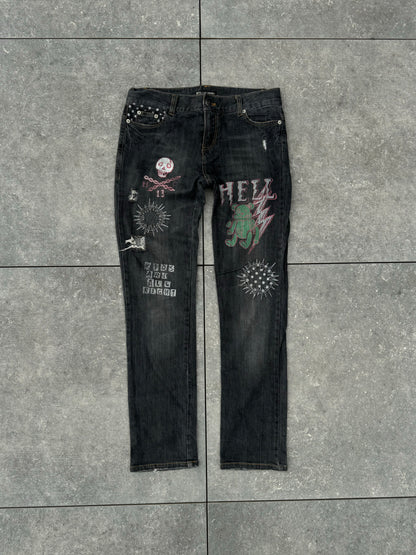 Y2K Japanese Brand Hell Cat Punks Skinny Jeans [M]