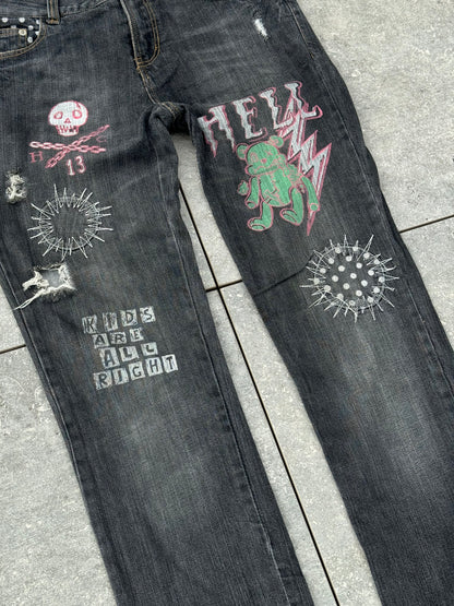 Y2K Japanese Brand Hell Cat Punks Skinny Jeans [M]