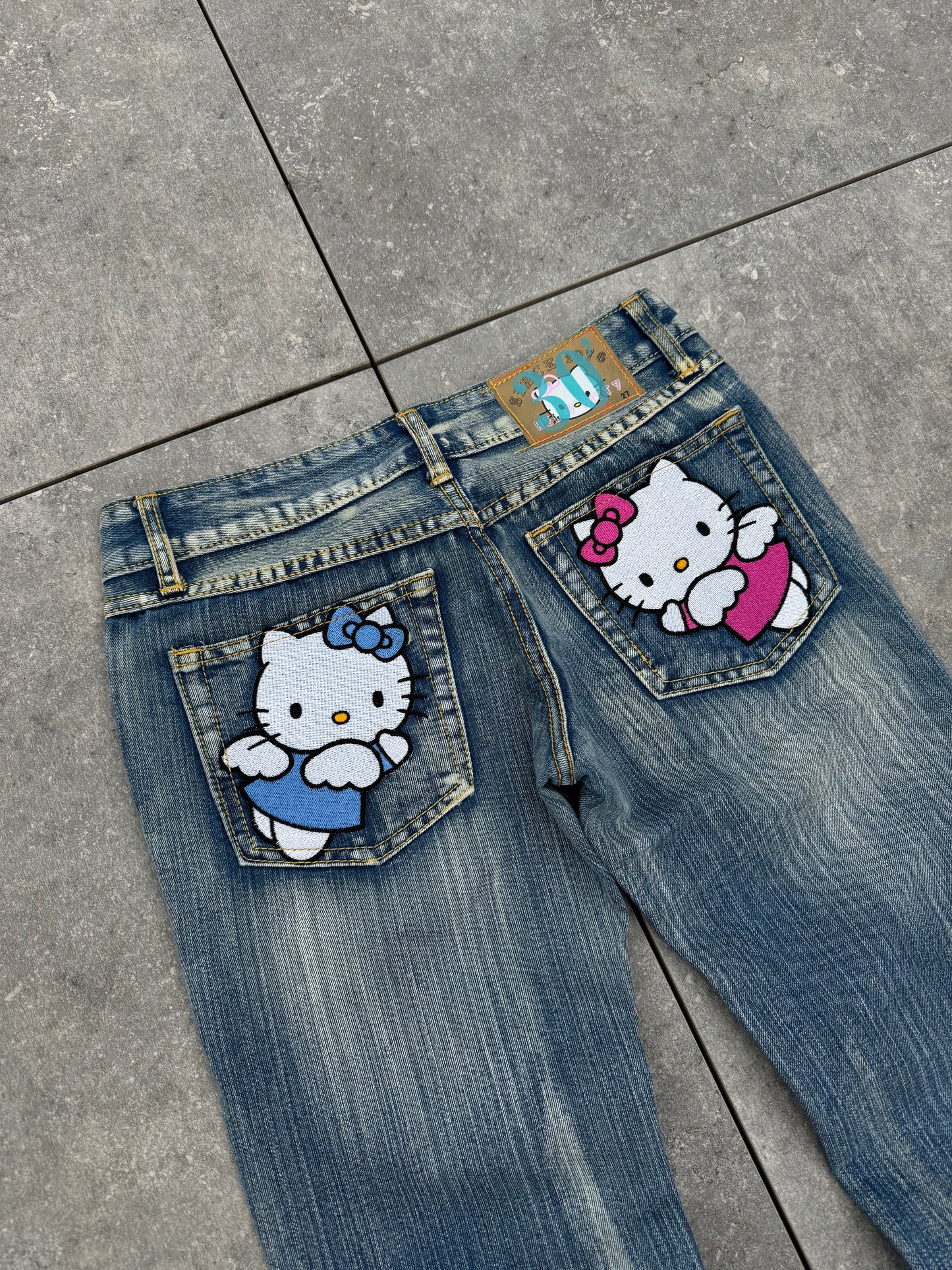 Y2K 30th Anniversary Hello Kitty Embroidered Super Low Rise Jeans [28]