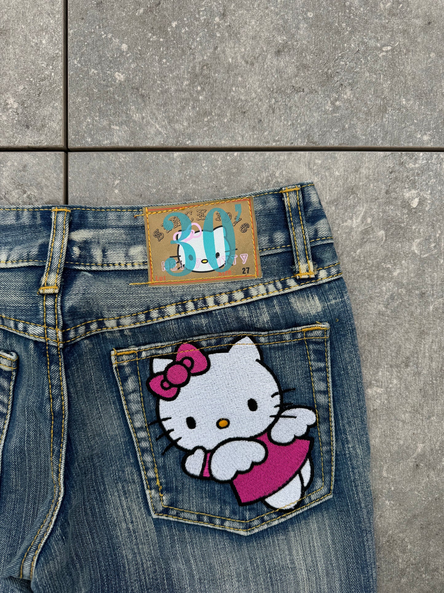 Y2K 30th Anniversary Hello Kitty Embroidered Super Low Rise Jeans [28]